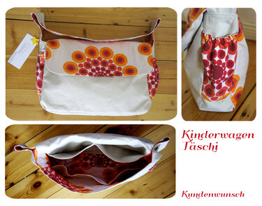 Kinderwagentasche in Creme mit roten und orangen Retro‑Kreisen, Überschlagklappe, elastischer Seitentasche und Innenfächern