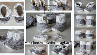 Gehäkelte Babyschuhe in Grau und Creme mit umklappbarem Schaft und Knopf, Collage mit Detailansichten