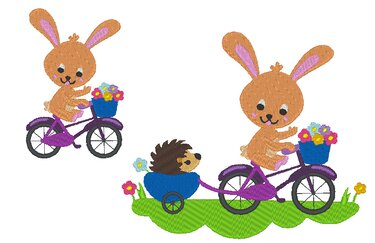 Hase und Igel auf dem Fahrrad Stickdatei - Sticken