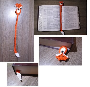 Gehäkeltes orange-weißes Fuchs-Lesezeichen, im Buch eingelegt