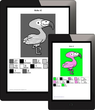 Zwei Tablets mit Flamingo-Pixelhäkelmuster, in Graustufen und in Pink, mit Farblegende