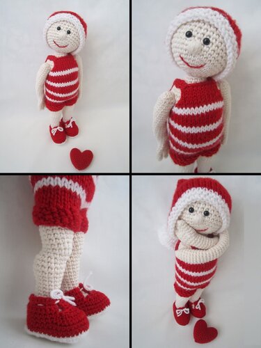 Gehäkelte Amigurumi-Puppe rot-weiß gestreift mit Mütze, Schuhen und kleinem Herz