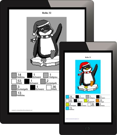Pixelhäkelmuster eines fröhlichen Pinguins mit Weihnachtsmütze und Schal auf einer Eisscholle, dargestellt in Farb- und Graustufen auf Tablets.