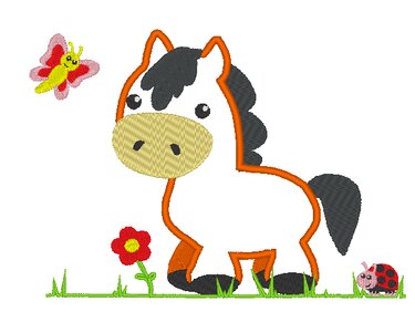 Gesticktes Pony mit Schmetterling, Blume, Marienkäfer und Grasbordüre
