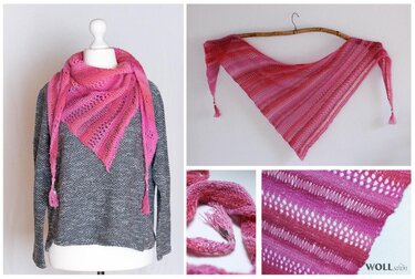 Pinkes, gestricktes Dreieckstuch mit Lochmuster auf einer Büste und aufgehängt; Detailaufnahmen zeigen Struktur und Quasten.
