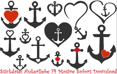 Verschiedene maritime Anker- und Herzmotive in Schwarz mit roten Herzakzenten, 14 Designs