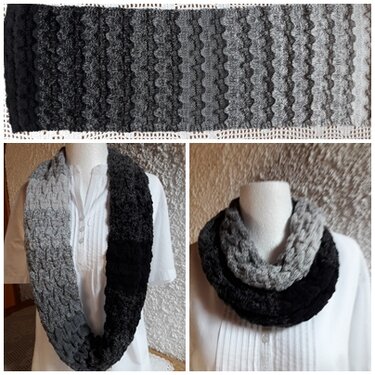 Gestrickter Loop-Schal mit strukturierter Oberfläche und Grau-Schwarz-Ombré, in zwei Tragevarianten präsentiert