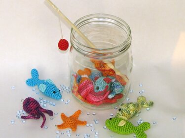 Häkelanleitung Angelspiel - Fisch Hai Qualle Seestern