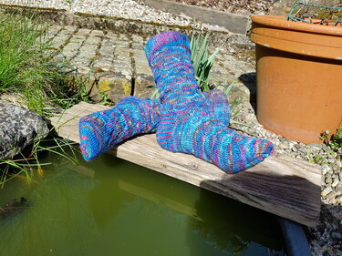 Paar handgestrickter Damensocken mit mehrfarbigem Streifenmuster in Blau, Pink und Violett auf einem Holzbrett über einem Teich.
