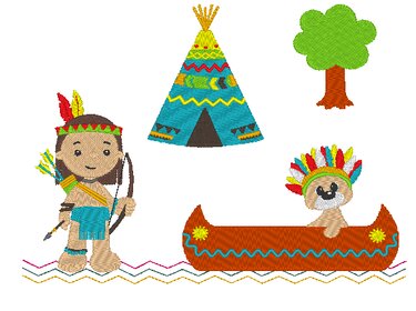 Bunte ITH-Stickmotive: Figur mit Bogen, Tipi-Zelt, Kanu mit Tier und Baum