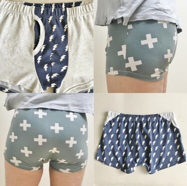 Vier Ansichten von Herren-Boxershorts mit Blitz- und Pluszeichenmuster