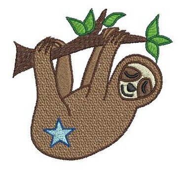 Braunes, schlafendes Faultier hängt kopfüber an einem Ast mit grünen Blättern; blauer Stern auf dem Bauch.