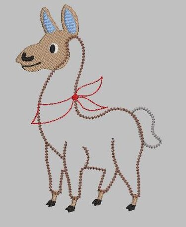 Konturen-Stickmotiv eines Lamas mit braunem Kopf, blauen Innenohren und roter Schleife