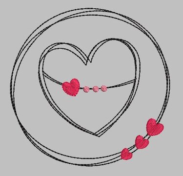 Stickdatei: grob gezeichneter Kreis mit innerem Herz, roten Herzen und rosa Perlen