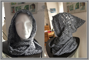 Gehäkelter grauweißer Scoodie mit Kapuze auf weißer Schaufensterpuppe, Vorder- und Seitenansicht; Kapuze mit offener Lochstruktur.