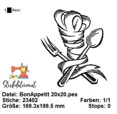 Stickdatei Küchenchef, Bon Appetit Küche Stickvorlage, Koch Stickdatei - Sticken