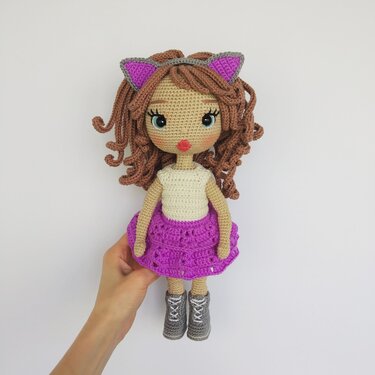 Astrid in pussycat outfit, Crochet doll pattern amigurumi Astrid, doll base