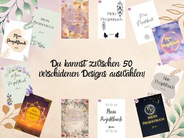 Collage aus verschiedenen „Mein Projektbuch“-Covers mit dem Schriftzug „Du kannst zwischen 50 verschiedenen Designs auswählen!“