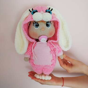 Lulu doll in jumpsuit Bunny pattern, Crochet baby doll pattern 12,6 inch