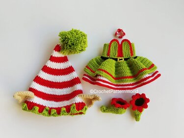 Crochet Elf outfit for the Astrid doll, Christmas doll outfit pattern