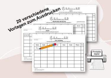 Mehrere ausdruckbare Schwarz-Weiß-Vorlagen mit Tabellen für Name, Stadt, Tier, Fluss, Farbe, Pflanze und dem Text '20 verschiedene Vorlagen zum Ausdrucken'.