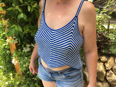 Eine Person trägt ein gestricktes blau-weißes Crop-Top mit Zickzackmuster und Jeansshorts vor einer Gartenkulisse.