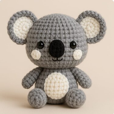 Gehäkeltes graues Koala-Spielzeug mit cremefarbenem Bauch und schwarzen Augen