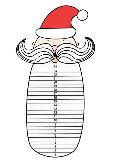 Skizzierter Weihnachtsmann mit roter Mütze, gro
ssem geschwungenem Schnurrbart und einem Bart, der in 24 nummerierte Felder f
ür einen Advents-Countdown unterteilt ist.