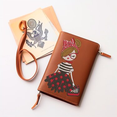 Braune Geldbörse mit gesticktem Mädchenmotiv (rote Schleife, Brille, gestreiftes Oberteil, gepunkteter Rock), daneben helle Papiere und eine Lederschlaufe.