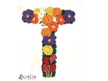 Floral letter T crochet applique
