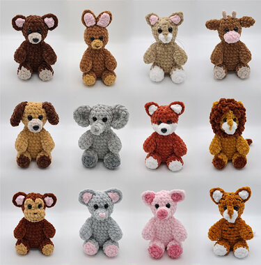 Crocheted amigurumi animal collection in a grid, featuring a dog and a cat alongside other small animals in a matching sitting style.