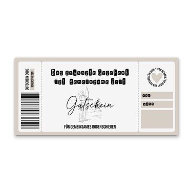 Beiger Gutschein mit Illustration von Bogenschützen, Herz-Stempel sowie beschriftbaren Feldern 'von' und 'wann'