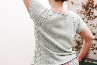 Back view of a person wearing a mint short-sleeve knitted top with cable side panels and raglan shaping