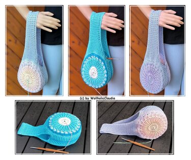 Drei gehäkelte Henkeltaschen in Pastell und Türkis mit rundem Mandala-Boden, teilweise mit Häkelnadel und Faden.