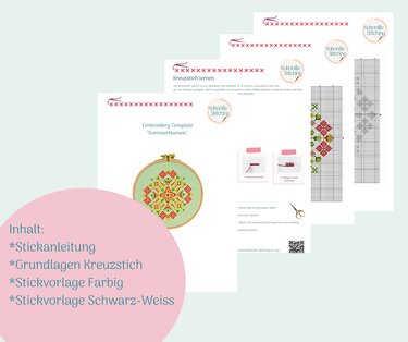 Gedruckte Kreuzstich-Vorlagen, Anleitung und Stickrahmen mit floralem Sommerblumen-Muster