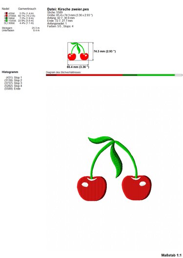 Stickdatei Kirschen - zwei Varianten, Rahmen ab 10 cm x 10 cm - Sticken