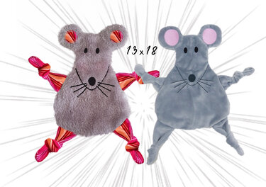 Zwei gestickte Maus-Schmusetücher nebeneinander, links flauschig mit bunten Knotenbeinen, rechts glatte Variante; Text ‚13 x 18‘ über dem Motiv