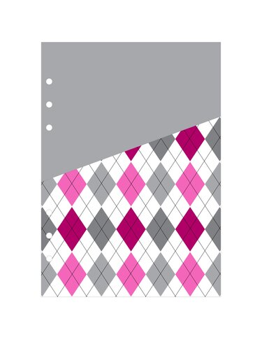 Argyle-Karo in Weiß, Hellrosa, Magenta und Grau mit schräger grauer Fläche und Lochstanzungen links