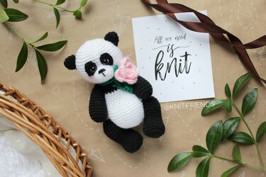 Crochet pattern amigurumi Panda with rose