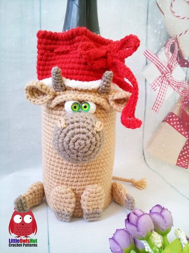 257 Crochet Pattern - Bull - wine or champagne bottle sleeve - PDF file by Knittoy CP
