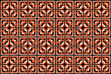 Mehrere zusammengenähte gehäkelte Quadrate in Orange, Schwarz und Weiß mit geometrischem Muster