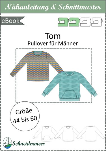 Cover der Nähanleitung und des Schnittmusters "Tom" für Herrenpullover mit zwei Modellillustrationen und Größenangabe 44–60.