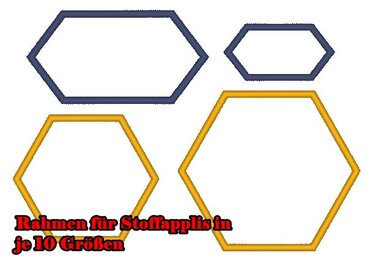 Vier hexagonale Stickrahmen in dunkelblauer und goldgelber Umrandung in verschiedenen Größen