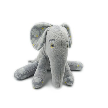 Grauer Plüsch-Elefant mit Kleeblattmuster auf Ohren und Füßen, gelb gestickte Augen