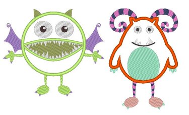 Zwei bunte Monster-Stickmotive: ein rundes grünes mit violetten Flügeln und ein weißes mit orangefarbener Kontur und geringelten Hörnern.