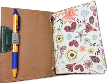 Offener Notizbuch-Einband aus braunem Material mit elastischer Stiftschlaufe und floral bedruckten, gelochten Seiten