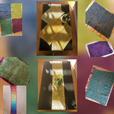 Collage gehäkelter Tischläufer, Deckchen und Untersetzer in Gelb, Blau, Grün und Lila auf verschiedenen Oberflächen.