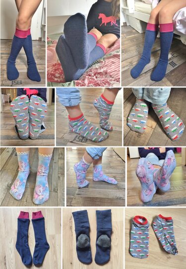 Verschiedene Socken: blaue Kniestrümpfe mit pinkem Bündchen, graue Bus‑Socken und hellblaue Einhorn‑Socken; einzelne Paare mit Anti‑Rutsch‑Noppen