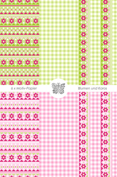 Collage aus sechs digitalen Papieren mit grünen und rosafarbenen Karos, Streifen und Reihen kleiner Blumen