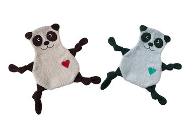 Zwei Panda-Schmusetücher beige-braun und hellblau mit Herzapplikationen